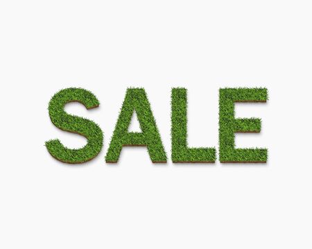 The text of the sale from a green grass texture, isolated on a white background for sale and promotion campaign. 3D illustration.の写真素材