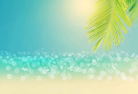 Blurred of palm trees or coconut trees leaf against the blue sky and sunshine light in summer time. Summer background.  Vintage style image.の写真素材