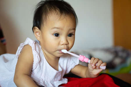 An 11-month-old girl practicing a toothbrush by herself from her mother's teaching.の写真素材