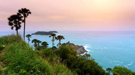 Panorama view of Promthep Cape Viewpoint in the evening at sunset, Phuket, Thailand.の写真素材