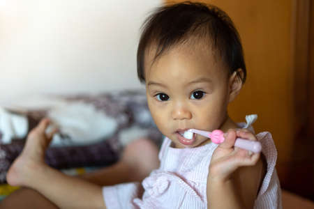 An 11-month-old girl practicing a toothbrush by herself from her mother's teaching.の写真素材