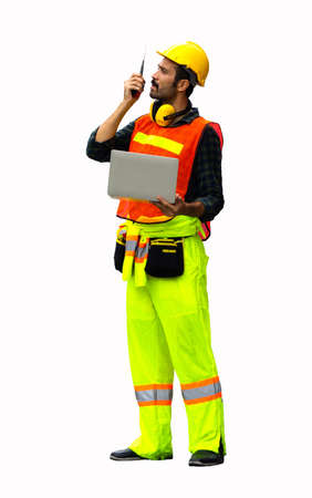 industrial worker using walkie talkie isolated on white background.の写真素材