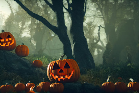 3D rendering of many halloween pumpkin background.の素材