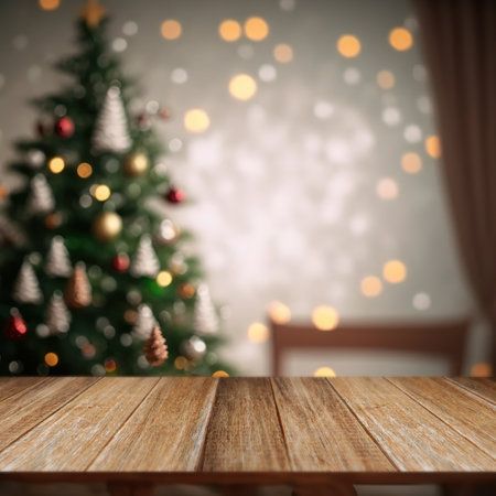 Empty christmas table background with christmas tree out of focus.の素材