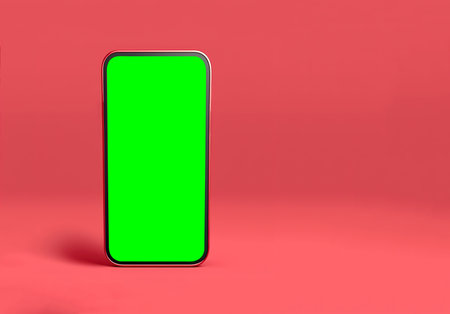 Red new technology smartphone mockup design on Yellow and soft blue background. 3D rendering.の素材