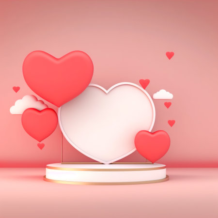Blank Podium with pink and white heart shape, for love concept, valentine background.の素材