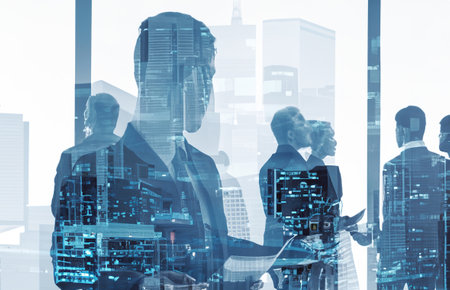 Double exposure of business concept people walk in officeの素材