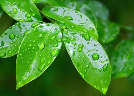 Lush Foliage and Raindrops: Refreshing Greenery in the Pouring Rain.の素材