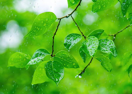 Fresh Green Branches and Leaves in Pouring Rain: Serene Nature in a Rainy Day.の素材