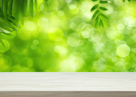 Table Top Tranquility: Refreshing Green Leaves on a Vibrant Nature Background, Green Foliage Table Top View with Lush Leavesの素材