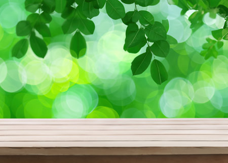 Table Top Tranquility: Refreshing Green Leaves on a Vibrant Nature Background, Green Foliage Table Top View with Lush Leavesの素材
