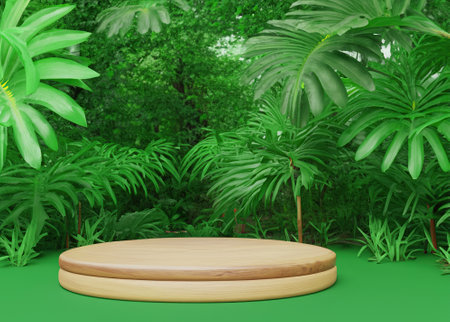 Wooden Podium on Green Forest Background: Nature-inspired Platform for Eco-Friendly Presentations in Serene Outdoor Settingsの素材