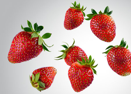 Floating Strawberry: Juicy Red Berry Levitating on a White Background - Refreshing and Delicious Summer Fruit Concept.の素材
