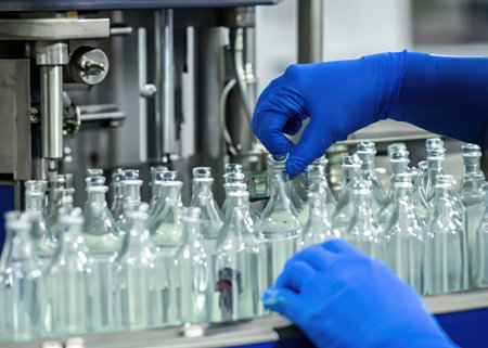 Medical Vials Production Line: Hand with Sanitary Gloves Checking Pharmaceutical Glass Bottles in a Sterile Factoryの素材