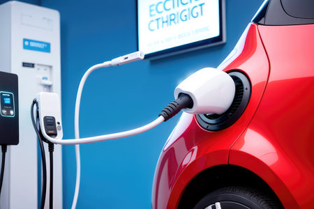 Powering the Future: Plugged-in Chargers at Electric Car Charge Station, Embracing Clean and Sustainable Electric Mobility.の素材