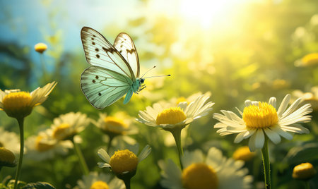 "Garden Elegance: Butterfly Rests on Morning Blossoms, Bathed in Gentle Morning Light - Delicate Natural Moment"の素材
