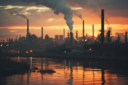 "Metropolis of Machinery: Cityscape Dominated by Industrial Structures and Smokestacks"の素材