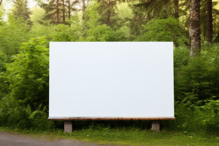 âSeasonal Outdoor Marketingâ: Blank White Billboard Against Lush Green Leaves, Communicating Messages Amidst Nature's Vibrant Beautyの素材