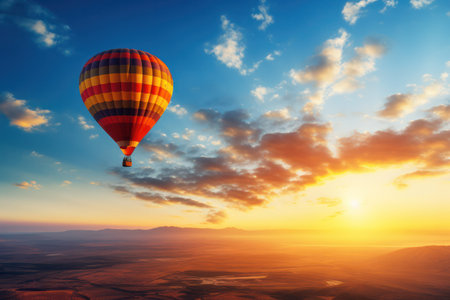 "Golden Hour Ascent: Hot Air Balloon Soars Against the Sunset Sky, a Captivating Display of Tranquil Adventure"の素材