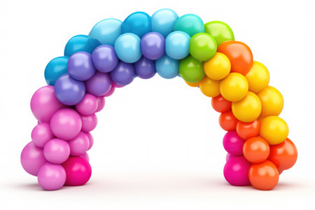 "Vibrant Balloon Arch: A Burst of Colors Against a Clean White Canvas, a Playful Display of Celebration"の素材