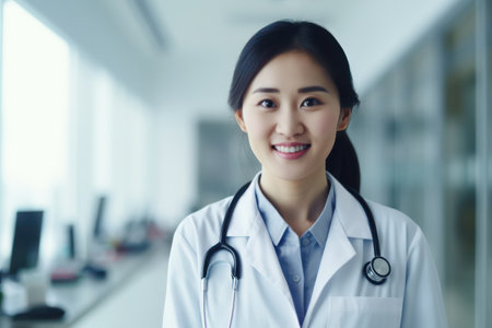 Professional Excellence: Asian Female Doctor Poses in the Hospital, a Symbol of Expertise and Careの素材