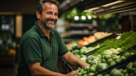 Seasoned Expertise: 60-Year-Old Supermarket Employee Offers Fresh Vegetables with a Smileの素材