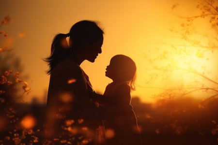 "Serene Mother and Toddler Embrace in Sunset Silhouette, Evoking Warmth and Family Bonding in Tranquil Evening Setting"の素材