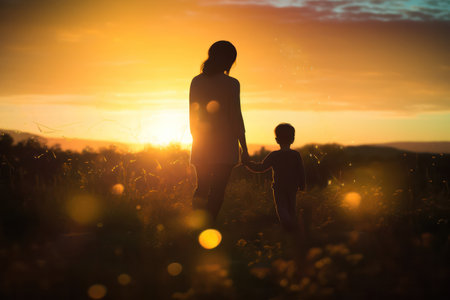 "Serene Mother and Toddler Embrace in Sunset Silhouette, Evoking Warmth and Family Bonding in Tranquil Evening Setting"の素材
