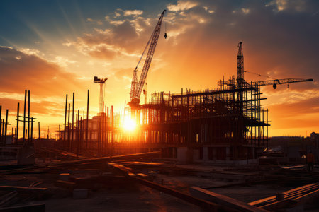 "Dusk's Embrace: Construction Site Silhouetted Against the Setting Sun, A Vision of Industry and Ambition"の素材