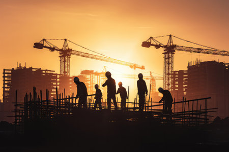 "Dusk's Embrace: Construction Site Silhouetted Against the Setting Sun, A Vision of Industry and Ambition"の素材