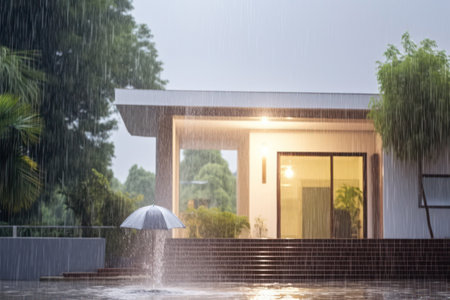 "Summer Deluge: A Torrential Rainstorm Drenches the House, Nature's Powerful Display of Summer's Fury"の素材