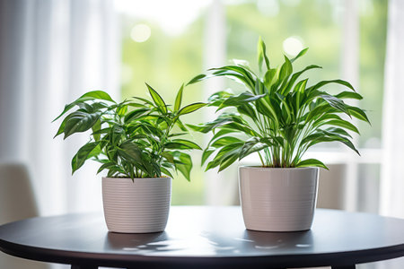 "Tabletop Greenery: Small Potted Plants Perched on a Table, Bringing a Touch of Nature Indoors"の素材