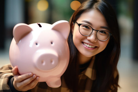 Smart Savings: Asian Student Sets Aside Money in a Piggy Bank, Aiming for Financial Successの素材