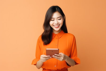 Youthful Asian Woman in Orange Shirt Holds Smartphone with Vibrant Energy - Modern Lifestyle and Connectivity Conceptの素材