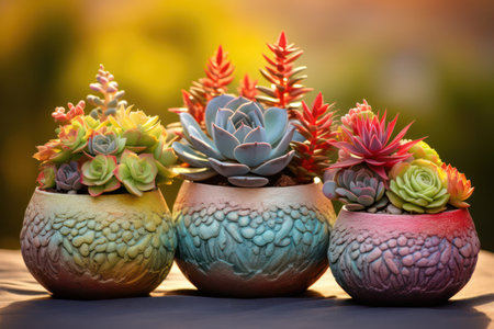 "Earthen Elegance: Vibrant Succulents Thrive in a Pottery Haven, A Tapestry of Nature's Hues"の素材