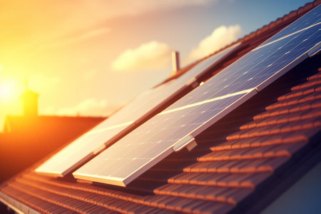 "Golden Hour Energy: Solar Cell Panel on House Roof Amidst a Stunning Sunset Sky - Embracing Green Power"の素材