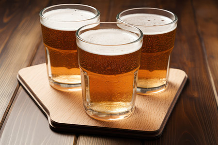 "On Wooden Grounds: Beer Glasses Await, Inviting a Moment of Refreshing Enjoyment"の素材
