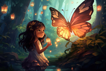 "Moonlit Magic: Girl and Glowing Butterfly Illuminate the Night"の素材