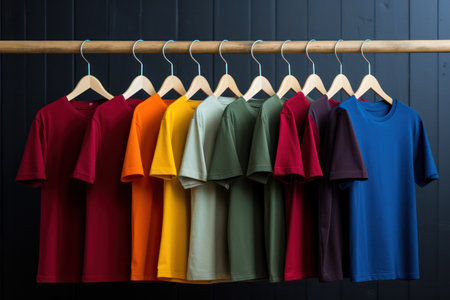 "Assorted Bright T-Shirts Hanging on Rack - Fashion Store or Wardrobe Organization"の素材
