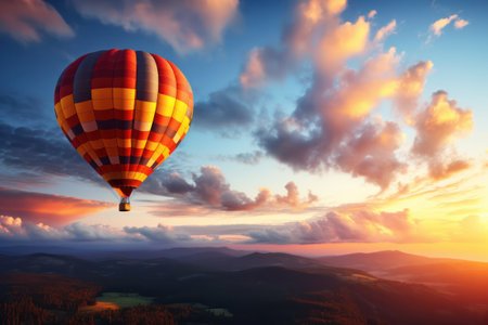"Golden Hour Ascent: Hot Air Balloon Soars Against the Sunset Sky, a Captivating Display of Tranquil Adventure"の素材