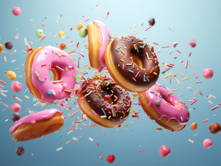 "Whimsical Scene: Colorful Donuts Floating in Mid-Air - Playful Bakery Concept"の素材