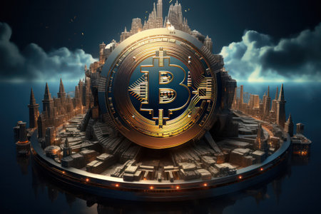 "Bitcoin Currency in Futuristic Abstract Setting - Cryptocurrency Finance Concept"の素材