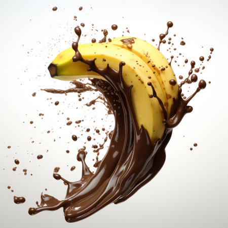 "Chocoholic Delight: Dark Chocolate and Banana Collide in a Delicious Splash on White"の素材