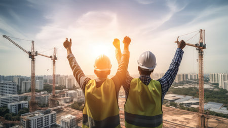 "Victorious Builders: Happy Construction Team Raises Hands High"の素材