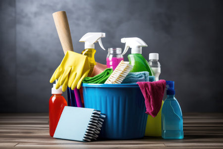 "Neatly Arranged Cleaning Tools and Equipment on Wooden Table - Household Chores and Tidying Up Concept"の素材