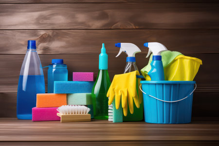 "Neatly Arranged Cleaning Tools and Equipment on Wooden Table - Household Chores and Tidying Up Concept"の素材