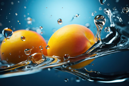 "Vibrant Peaches Captured in Studio with Artistic Water Splash - Refreshing Produce"の素材