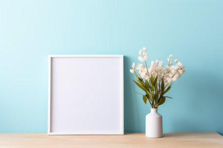 "Blank Canvas, Empty Photo Frame on Desk Against a Serene Blue Pastel Wall, Awaiting Cherished Memories"の素材