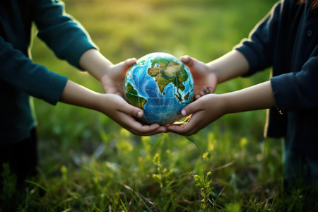 "Innocence and Responsibility, Asian Child Holds Earth on Vibrant Greenery"の素材