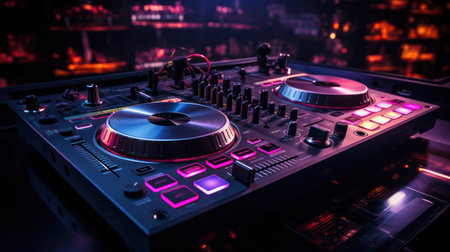 "Nightclub DJ Setup, Controller Illuminated by Vibrant Neon Lights"の素材